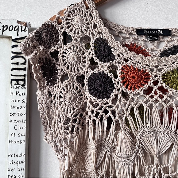 Forever 21 Crochet Boho Knit Granny Square Resort Festival Top Size L - Picture 3 of 13